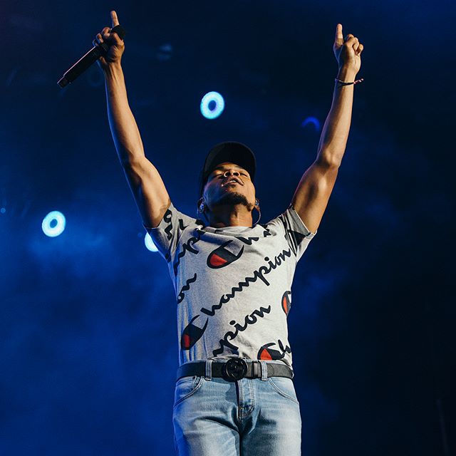 Chicago's very own, Chance the Rapper, has the praises, go up for possibly record Lollapalooza crowd that sees him perform as closing headliner on main Grant Park stage on Saturday Aug. 5, 2017. Photo courtesy of Greg Noire