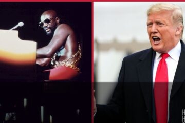 Split image of Isaac Hayes performing at 1973 PUSH Black Expo and Donald Trump