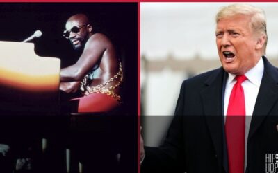 Split image of Isaac Hayes performing at 1973 PUSH Black Expo and Donald Trump